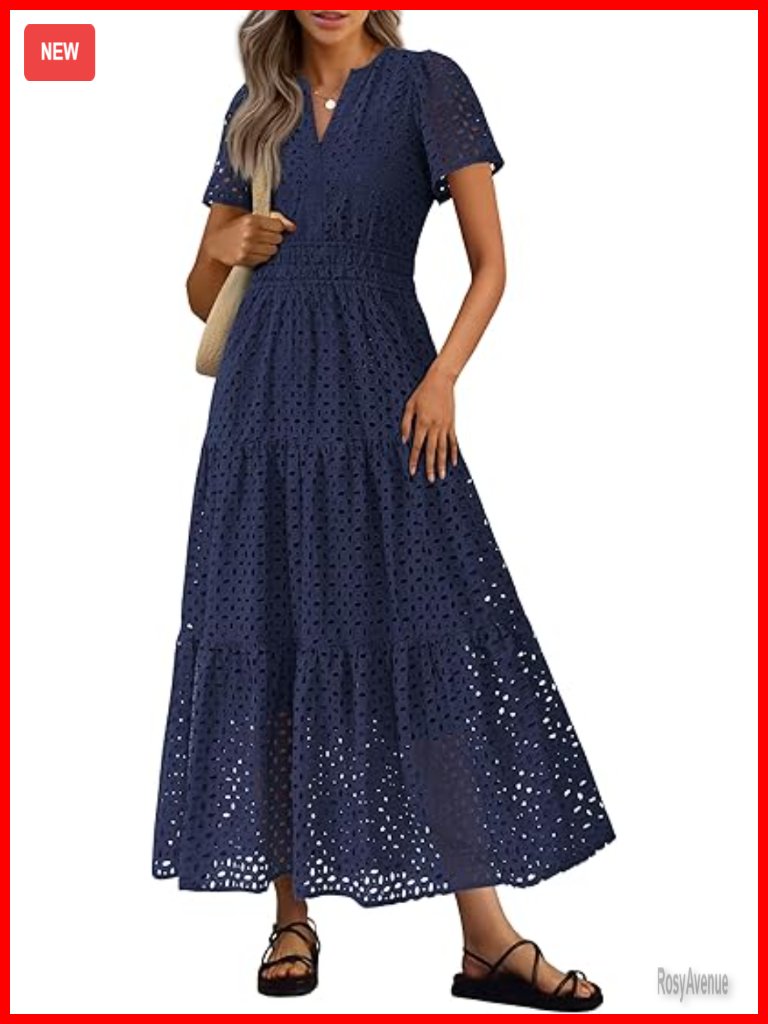 Eyelet A-Line Maxi Dress Short Sleeve V-Neck Beach Vacation